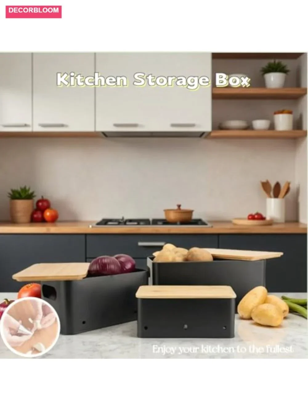 Modern Kitchen Storage Container Set of 3 Stackable Metal Boxes with Wooden